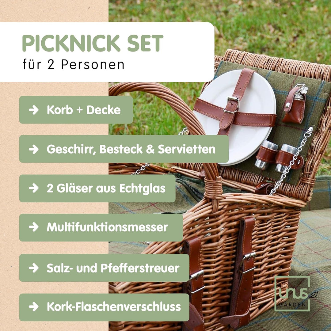 UNUS Nature by Kolibri Picknick Set 2 Personen mit Picknickkorb, Picknickdecke, Besteck und Geschirr