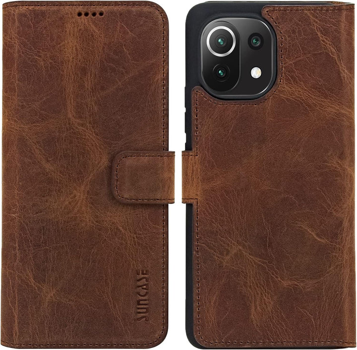 Suncase Book-Style Hülle kompatibel mit Xiaomi Mi 11 Leder Tasche (Slim-Fit) Lederhülle Handytasche