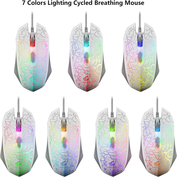 Gaming Tastatur Headset & Maus Set, 104 Tasten Rainbow Backlit UK Layout Tastatur 2400DPI Maus 7.1 S