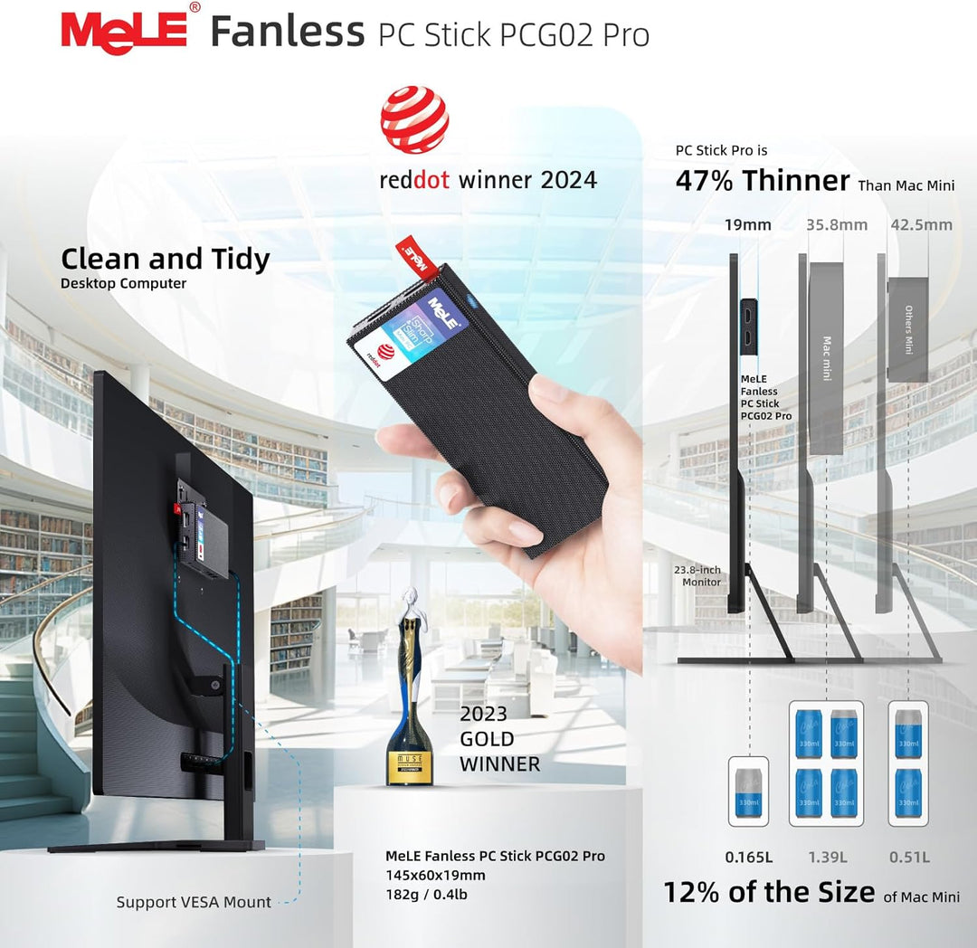 MeLE PCG02 Pro Lüfterloser Mini-PC Stick, Reddot Gewinner 2024, N100 8GB 128GB, Dual HDMI2.0, 4k 60H