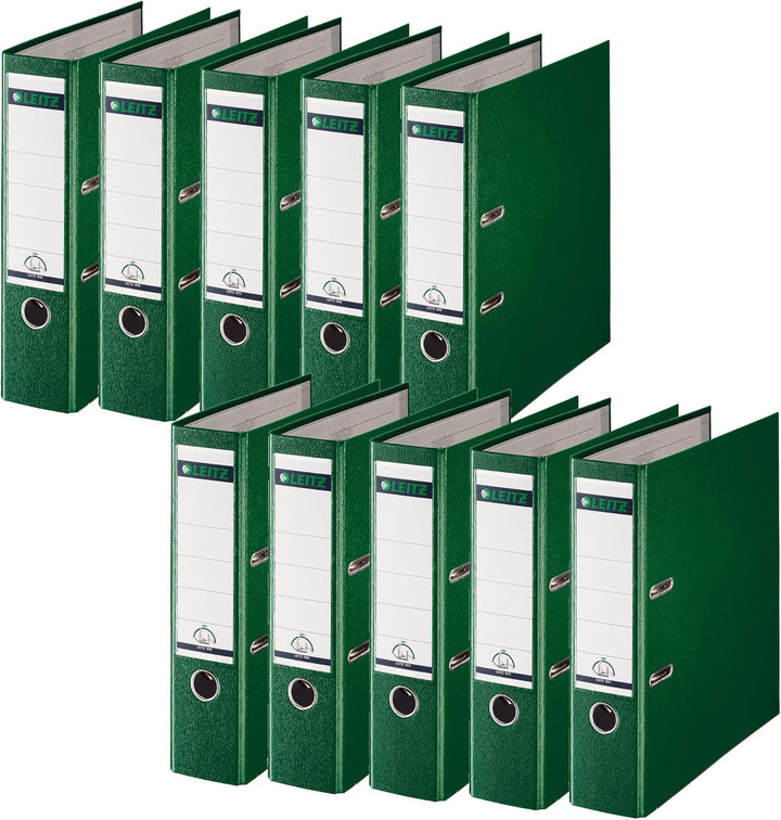 Leitz Qualitäts-Ordner 180° Plastik A4, 10er Pack, Grün, 8 cm Rückenbreite, PP-laminierter Einband,