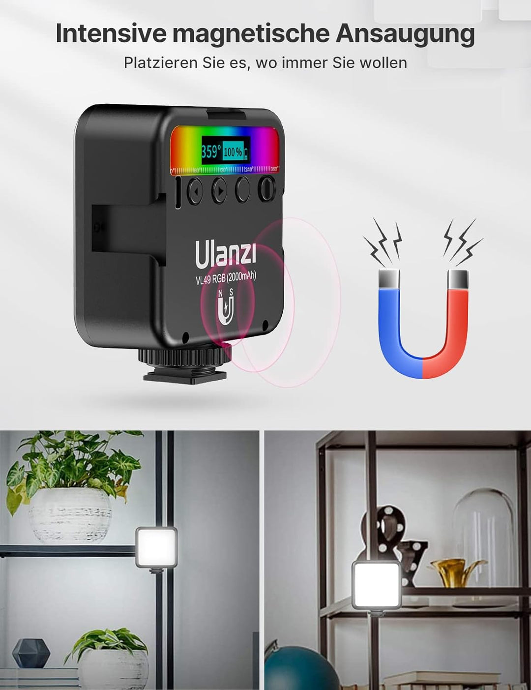 Video Licht RGB, ULANZI VL49 LED Videoleuchte mit 2000 mAh Akku, Kamera Licht Klein Dimmbare 2500K-9