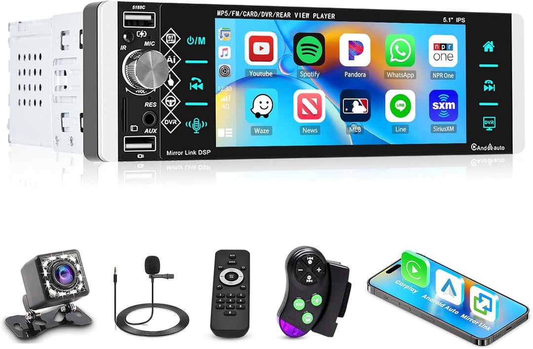 Hikity Autoradio 1 Din Apple Carplay & Android Auto mit Bildschirm 5.1 Zoll Touch Display Radio Blue