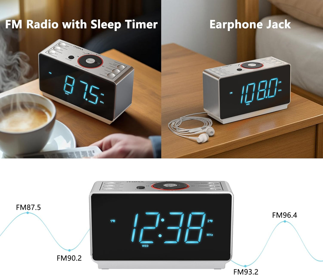 Radioweaker mit Bluetooth Lautsprecher, FM Radio, Dual Wecker mit Snooze, grosse LED Anzeige, Dimmer