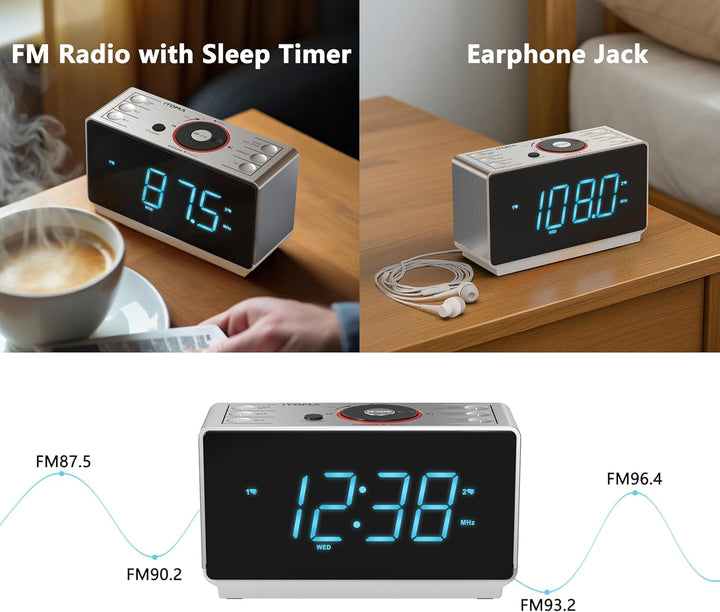 Radioweaker mit Bluetooth Lautsprecher, FM Radio, Dual Wecker mit Snooze, grosse LED Anzeige, Dimmer
