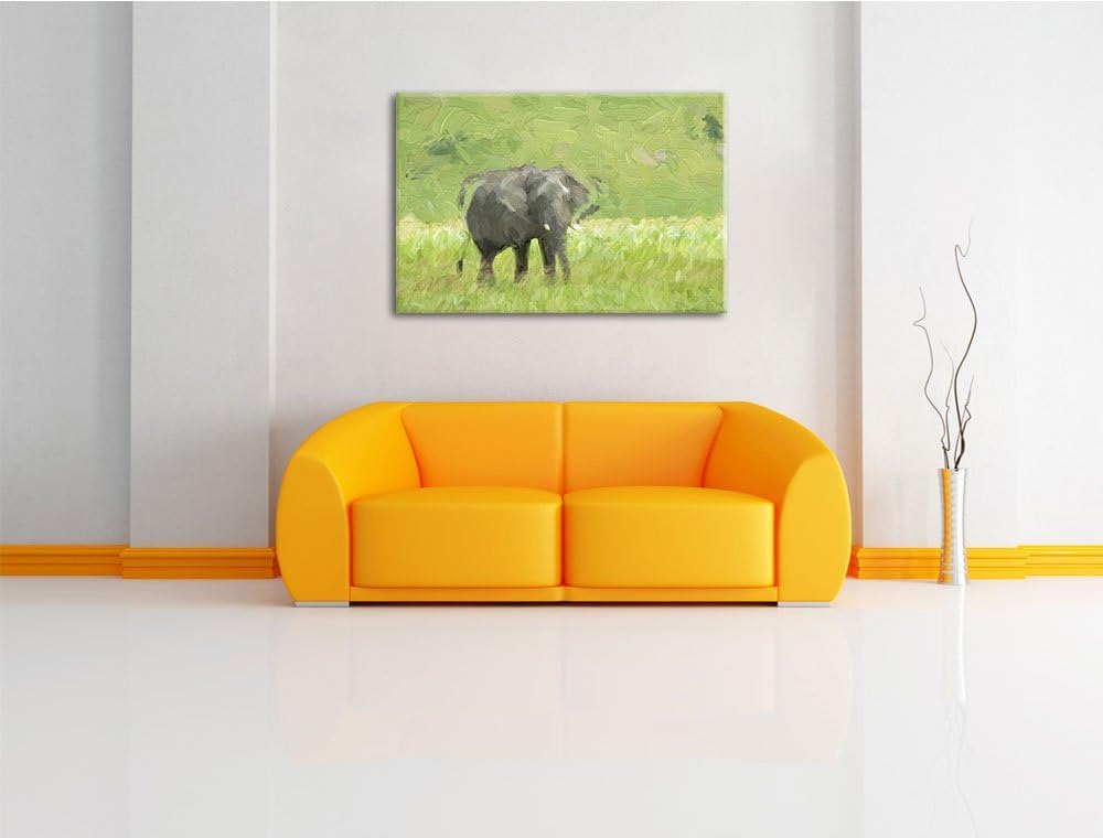 gigantischer Elefant im Gras Spezial Format: 100x70 cm auf Leinwand, XXL riesige Bilder fertig gerah