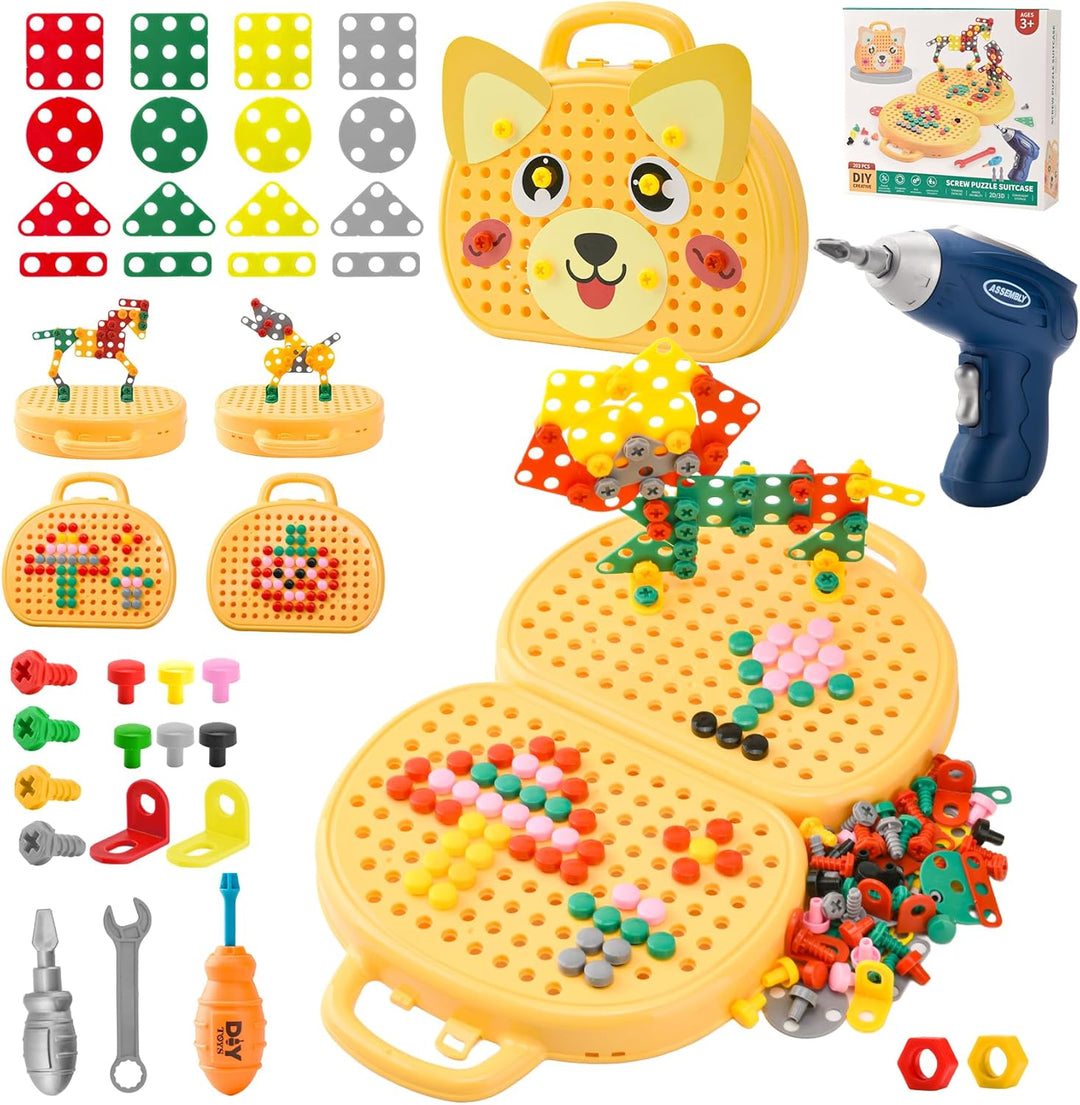 DAOUZL Montessori Spielzeugkiste mit Bohrmaschine, Magische Montessori-Spielzeugkiste, Mosaik Puzzle