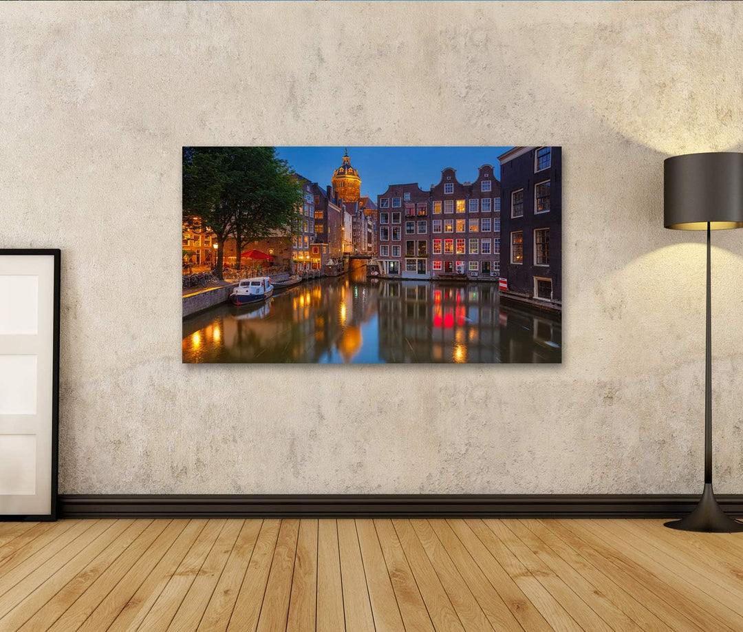 islandburner Bild auf Leinwand Amsterdam Nacht Beleuchtet Bilder Wandbilder Poster, 80L x 40B cm