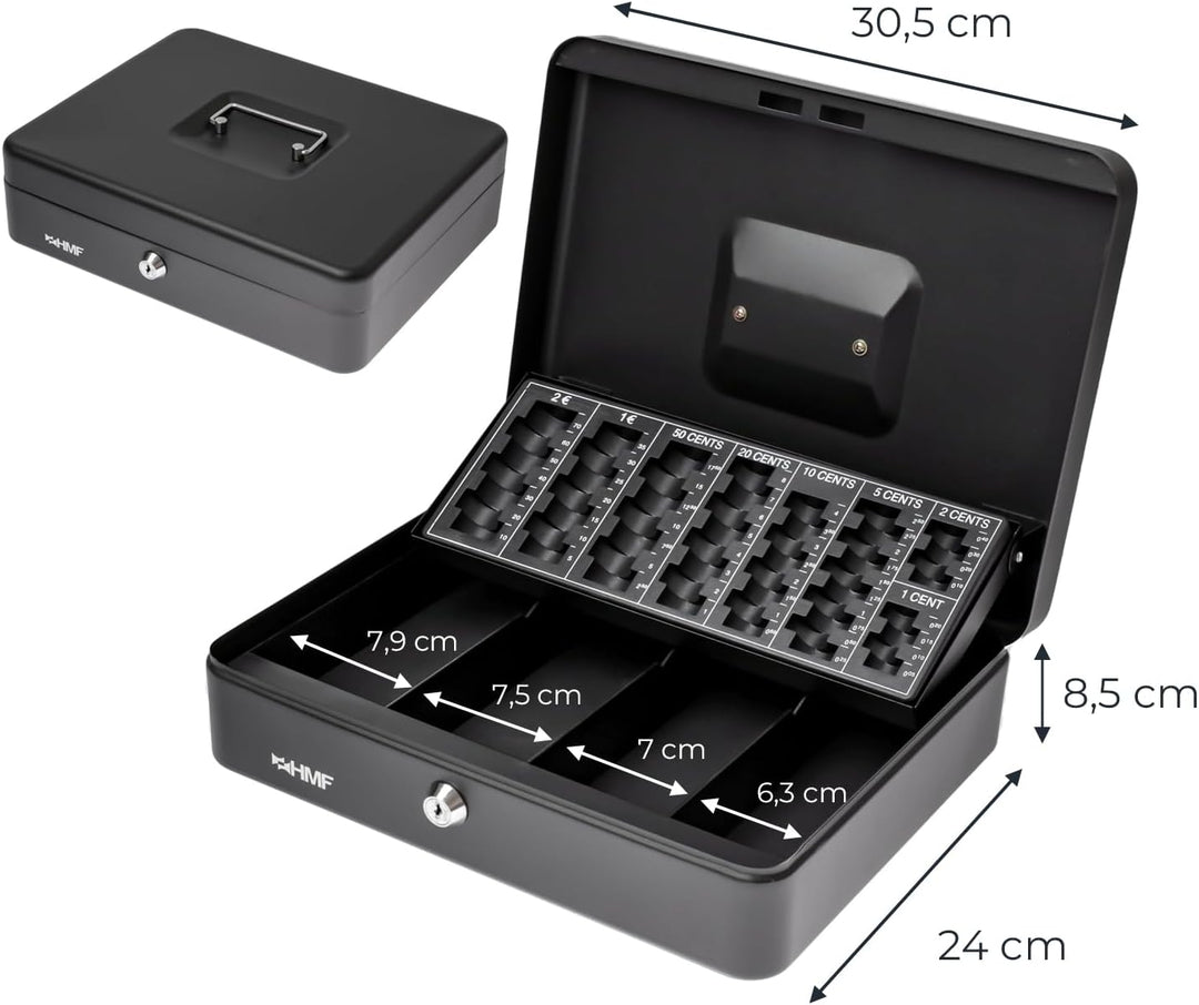 HMF 4215-02 Geldkassette abschliessbar mit Münzzählbrett | 30,5 x 24 x 8,5 cm | Schwarz, Schwarz