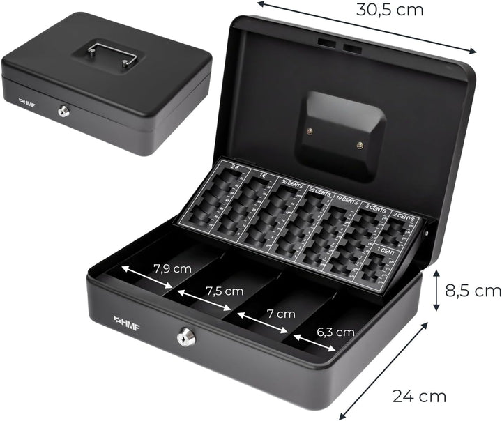 HMF 4215-02 Geldkassette abschliessbar mit Münzzählbrett | 30,5 x 24 x 8,5 cm | Schwarz, Schwarz