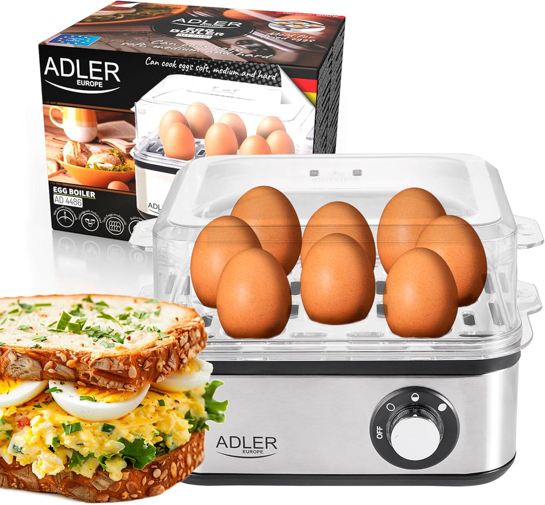 Adler Elektrischer Eierkocher 1-8 Eier Eier 500 Watt Edelstahlheizplatte Automatische Abschaltung Ko