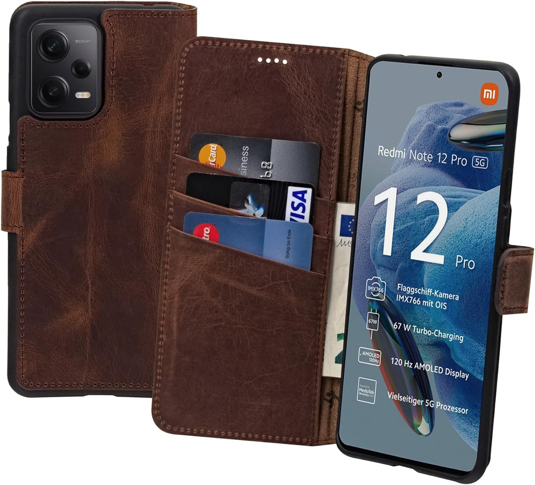 Suncase Book-Style Hülle kompatibel mit Xiaomi Redmi Note 12 Pro 5G Leder Tasche (Slim-Fit) Lederhül