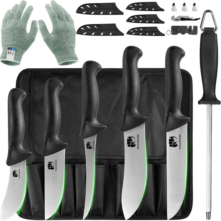 FULLHI 11PCS Metzger Messer Set, Anti-Rutsch-Metzger Ausbeinmesser Edelstahl Kochmesser Set, Fleisch