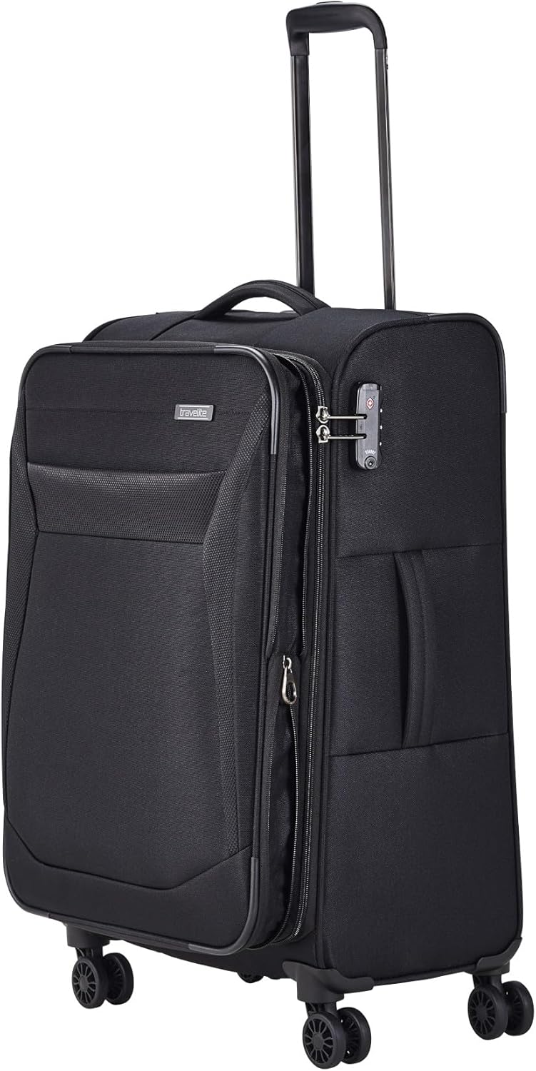 travelite 4-Rad Koffer Grösse M Weichschale, Gepäck Serie CHIOS mit Dehnfalte + Kantenschutz, Trolle