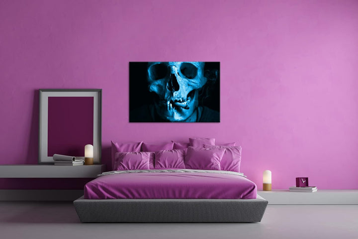 deyoli rauchender Schädel Format 80x60 Effekt: Monocrome Blau als Leinwandbild, Motiv fertig gerahmt