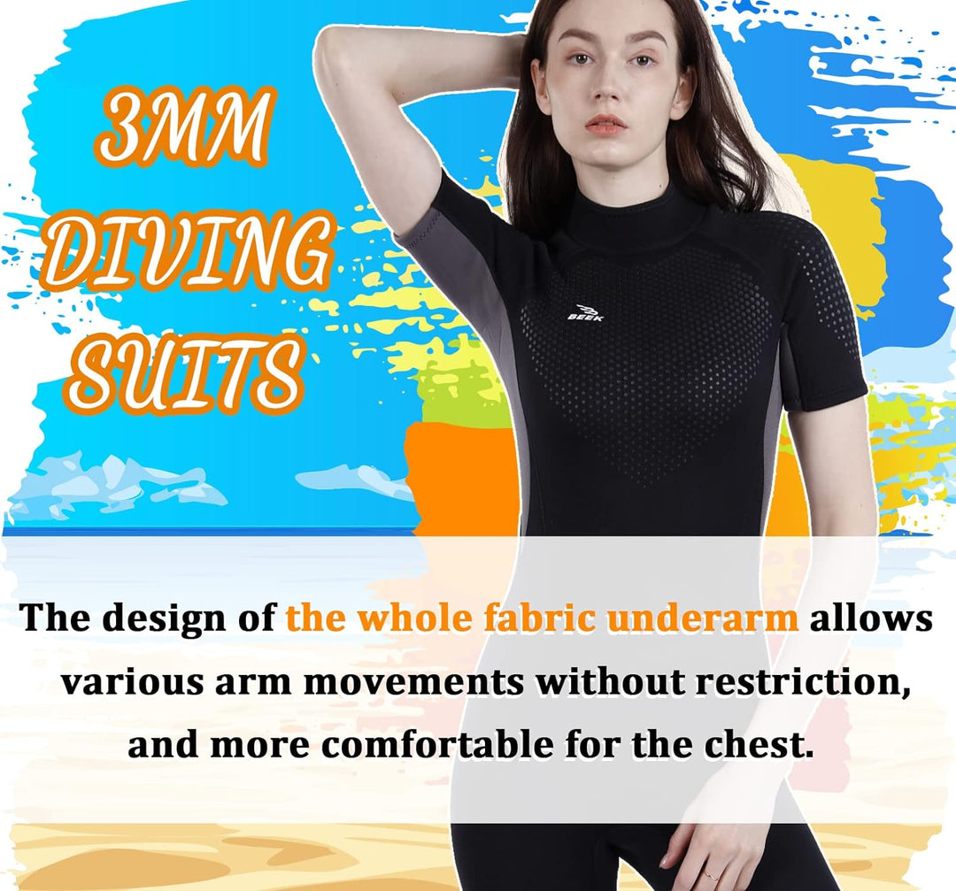 Neoprenanzug Damen und Herren Kurz 3mm für Herren Rückenreissverschluss zum Tauchen, Schnorcheln, Su