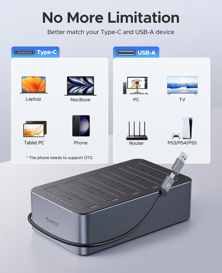 ORICO Aluminium Clone HDD Docking Station, 5 Bay Festplattengehäuse USB 3.2 Gen 1 für SATA 2,5/3,5 Z