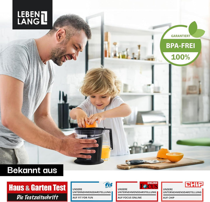 LEBENLANG Saftpresse elektrisch 800ml & Verstellbares Sieb - Orangenpresse, Zitruspresse, Zitronenpr