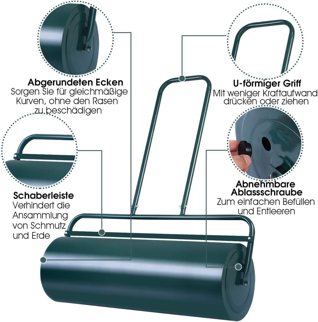 COSTWAY Rasenwalze Handwalze 63L, Gartenwalze mit Griff, Ø 30CM, befüllbar mit Wasser/Sand, Schwerla