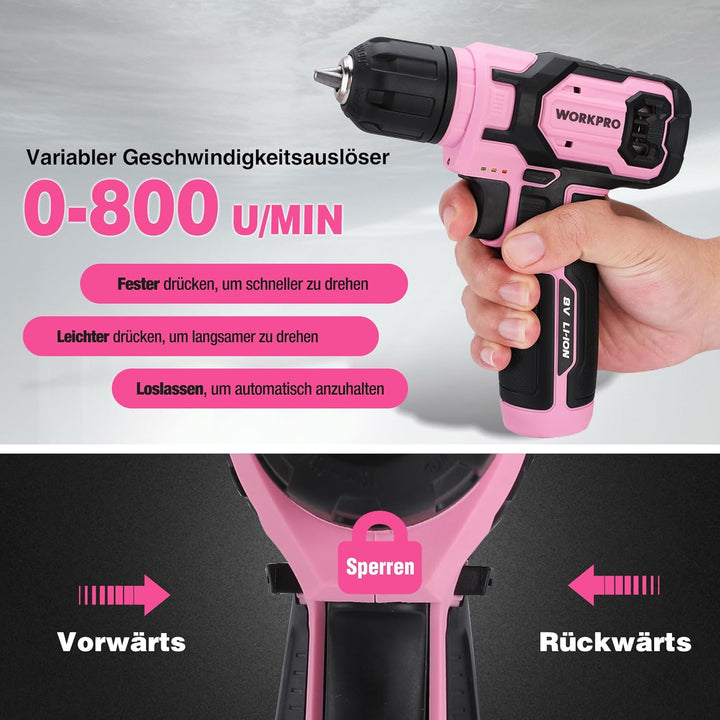 WORKPRO 8V Akku Bohrschrauber Set mit Transportkoffer, Akkuschrauber, 2x2000 mAh Akkus Bohrmaschine,