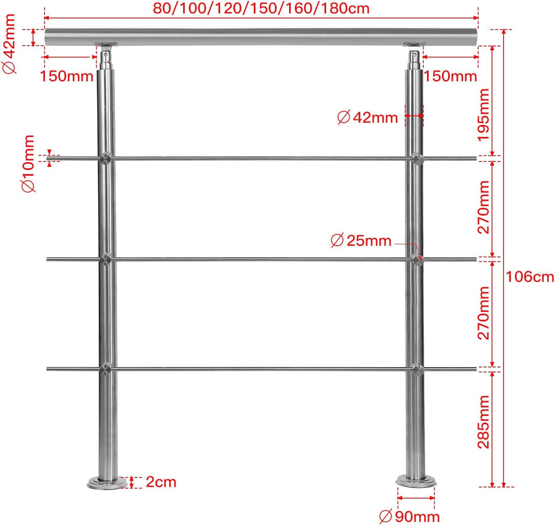 Daromigo 180cm Edelstahl Handlauf GelÀnder mit 3 Querstreben, Handlauf Winkelverstellbar, à 42mm Tre