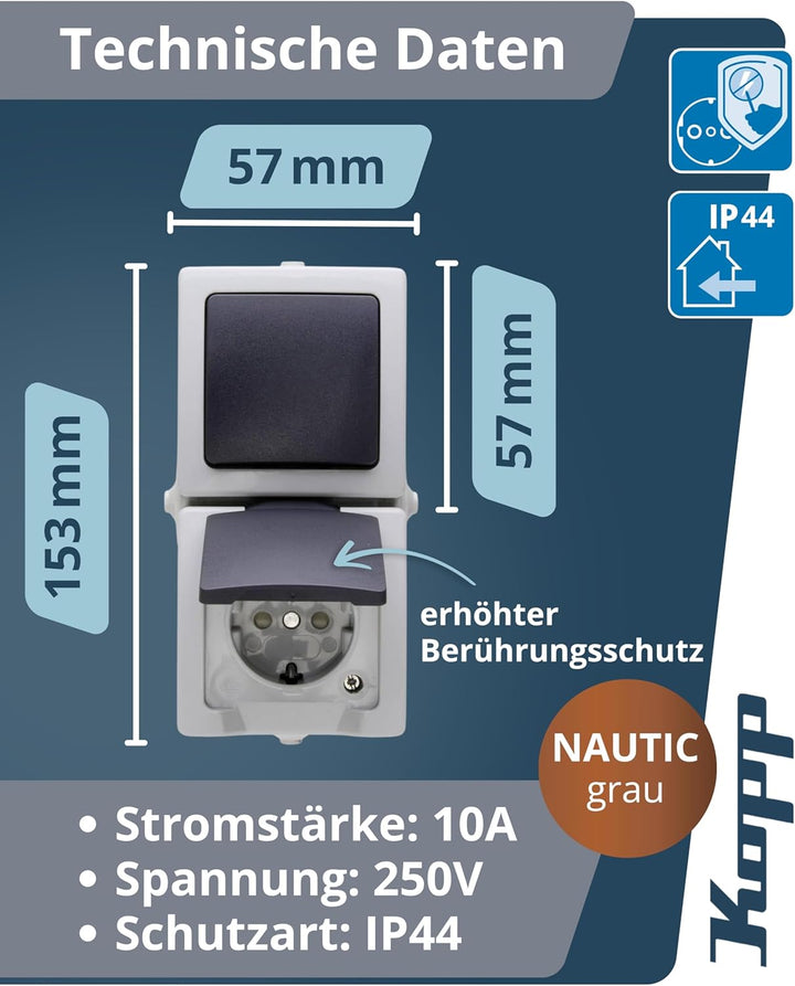Kopp Nautic Spar-Paket grau: 2X Aus-Wechsel-Schalter + 3X 1-Fach Klappdeckel-Steckdose + 1x 2-Fach K