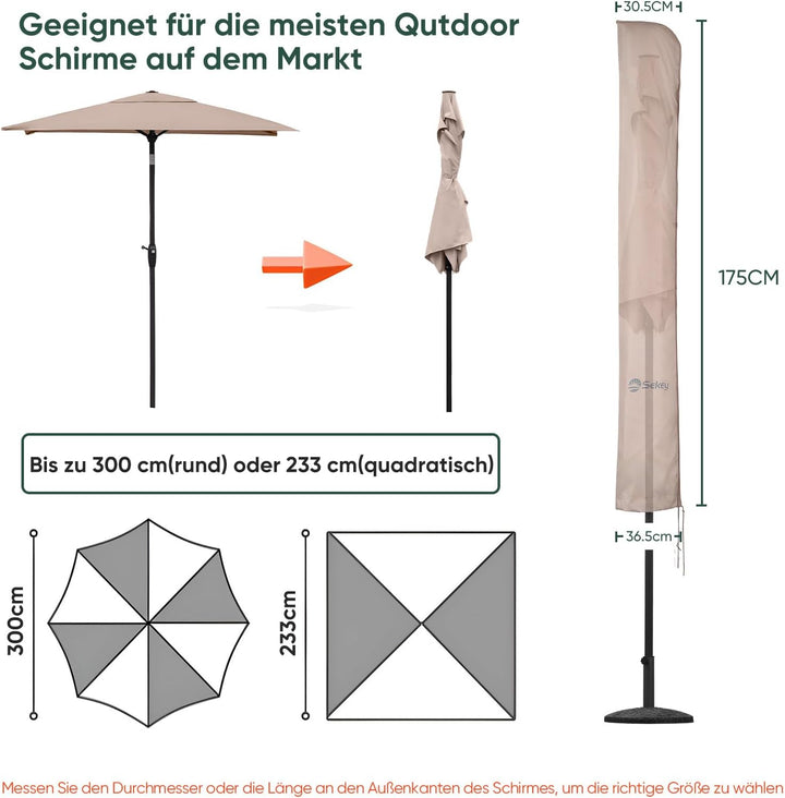 Sekey Schutzhülle für Ø 300 cm Sonnenschirm, Abdeckhauben für Sonnenschirm,100% Polyester, Taupe Tau
