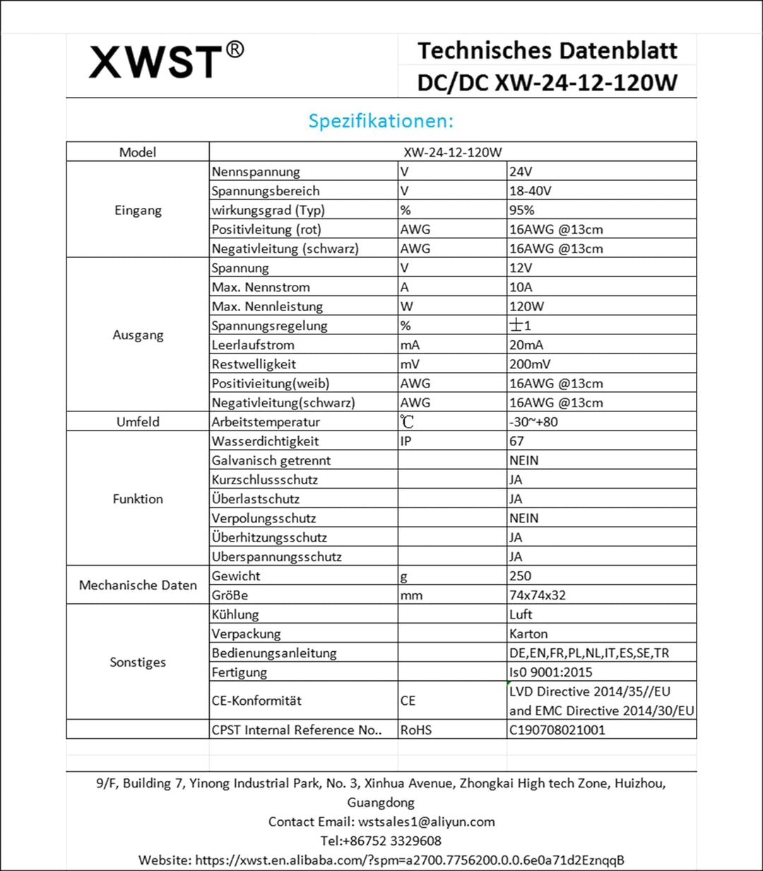XWST Gleichstromwandler, 24 V auf 12 V, Spannungsregler, 10 A, 120 W, Schritt nach unten, wasserdich