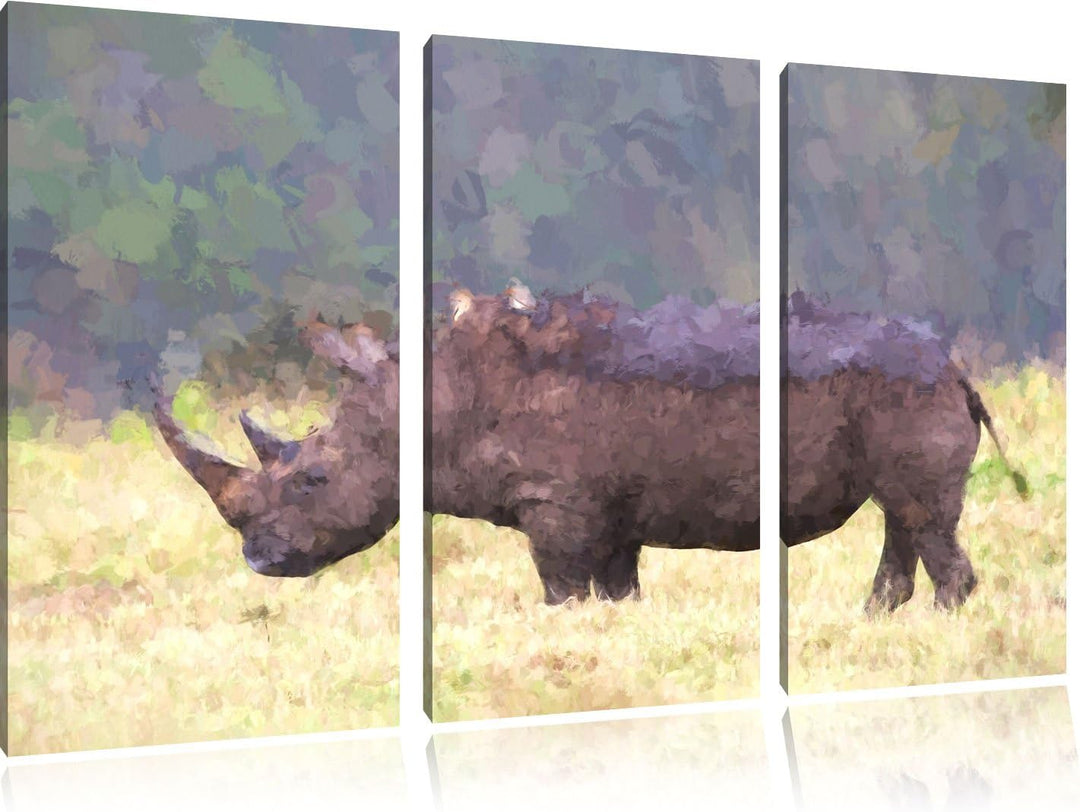 grosses Nashorn in der Savanne NewArt 3-Teiler Leinwandbild 120x80 Bild auf Leinwand, XXL riesige Bi