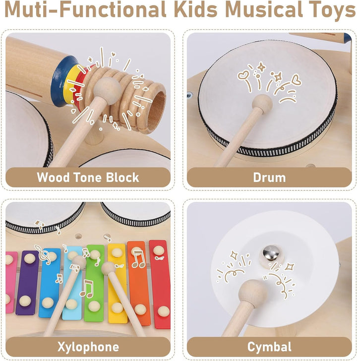 Apritsce Kinder Trommel Set, Musik Kinderspielzeug Aus Holz, Musikinstrumente Baby Set mit Xylophon,