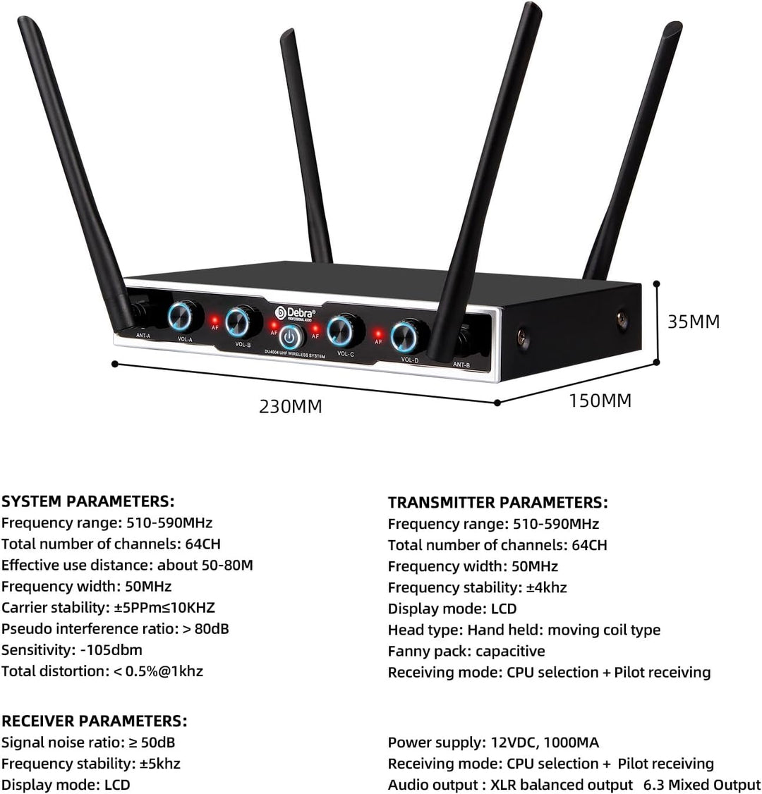 D Debra Wireless Mikrofon DU4004 UHF - 4 x 16 Kanäle, Handmikrofon, Bodypack, Headset, Lavalier für