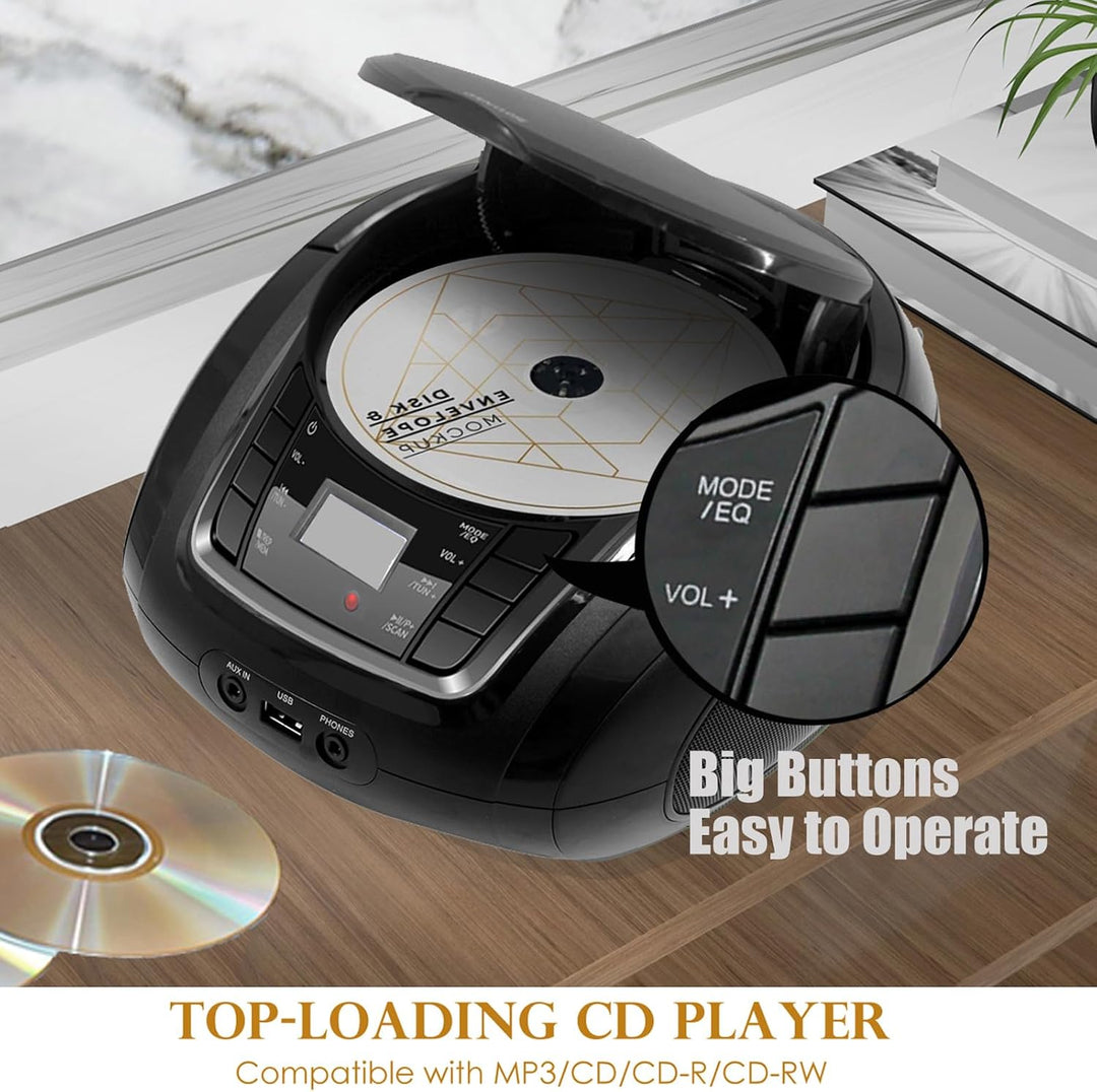 Tragbarer CD-Player Boombox mit FM-Radio/Bluetooth/USB/AUX-Eingang | 3,5 mm MIC & Kopfhöreranschluss