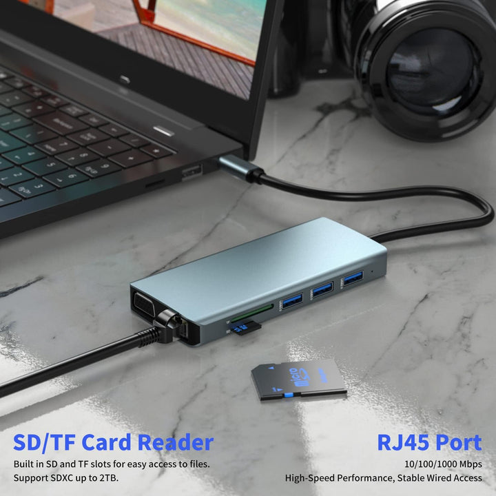 12 in 1 USB-C Dockingstation,3 Monitor Typ C auf 4K Dual HDMI+VGA Adapter, Laptop Dockingstation Mul