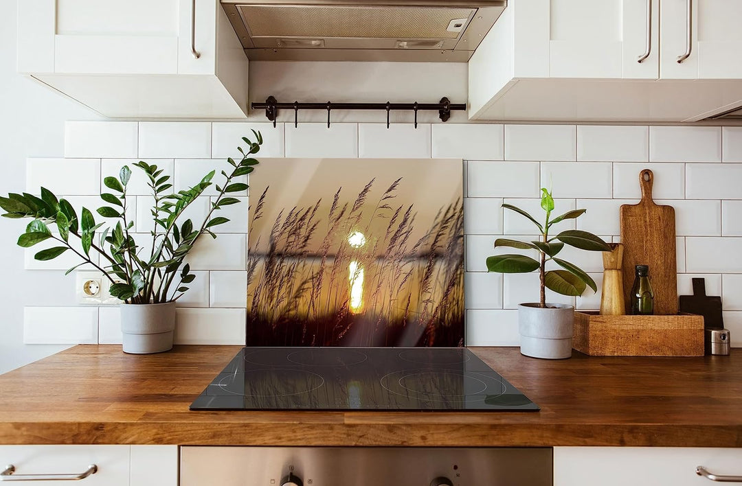 Gräser bei Sonnenuntergang Herdabdeckplatte & Spritzschutz aus Echtglas | Für Herd-Kochfelder | 60x5