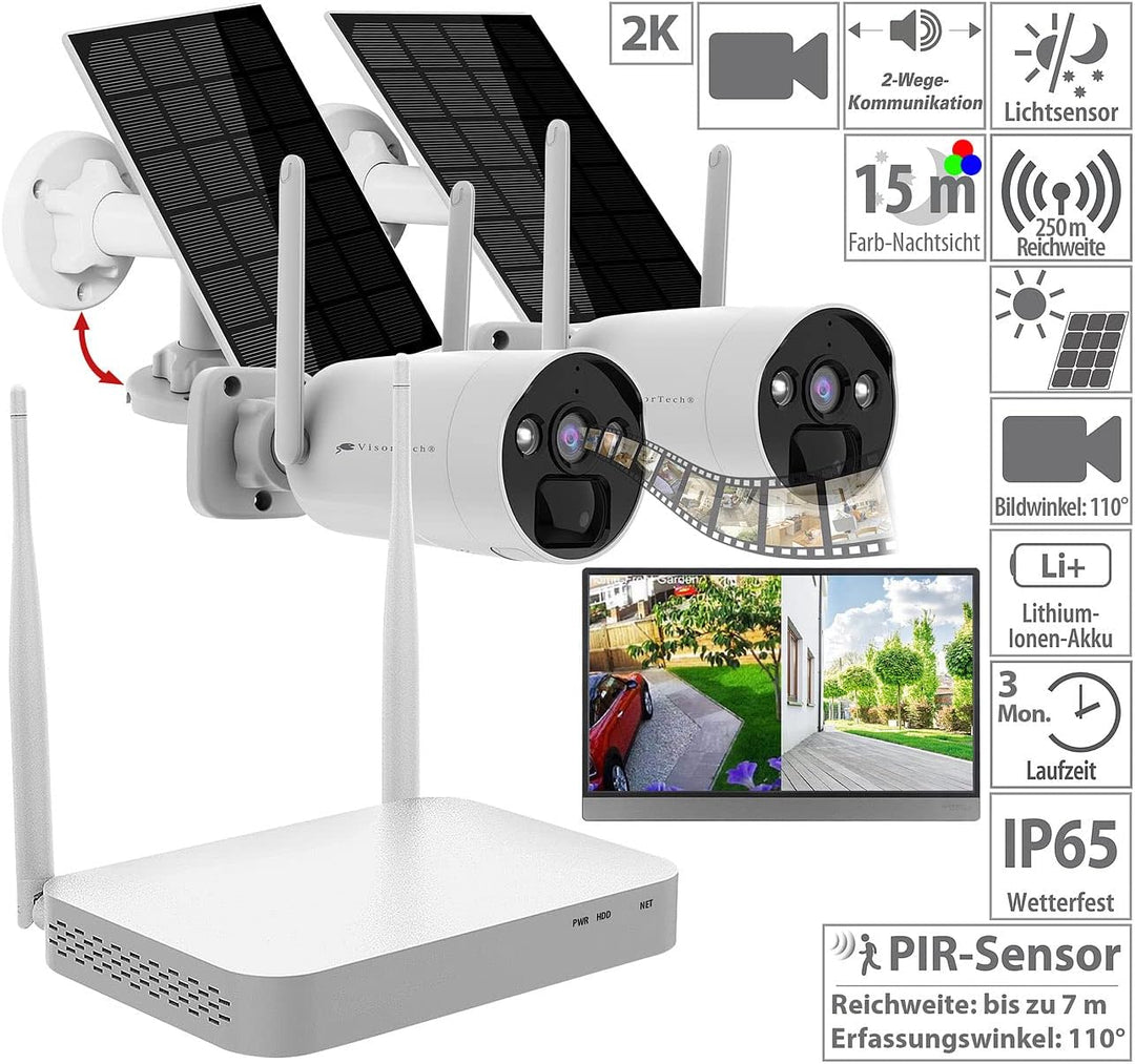 VisorTech NVR: 2K-Festplatten-Überwachungsrekorder + 2 Solar-Akku-Kameras, HDMI, App (Funk Überwachu