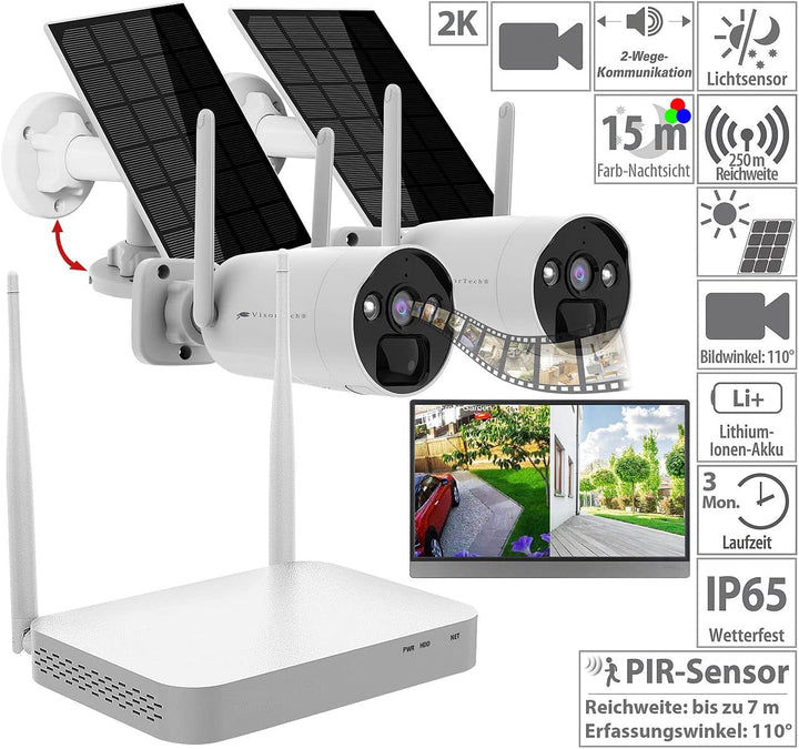 VisorTech NVR: 2K-Festplatten-Überwachungsrekorder + 2 Solar-Akku-Kameras, HDMI, App (Funk Überwachu