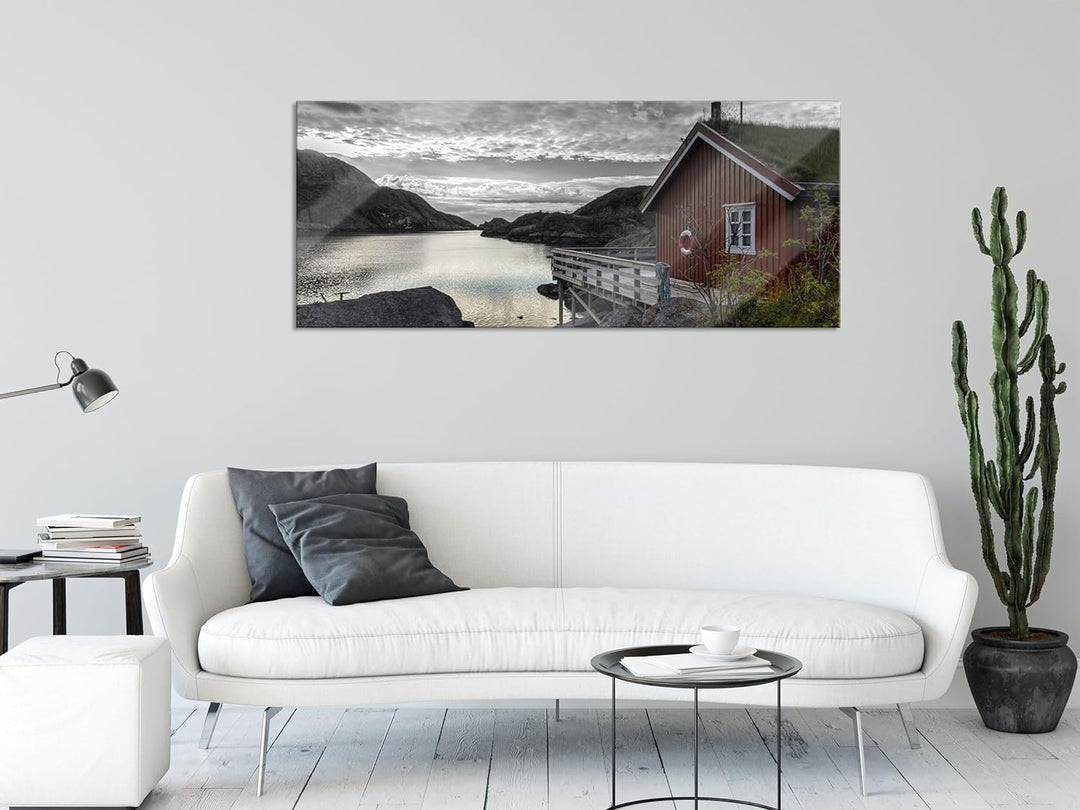 Glasbild Panorama | Wandbild aus Echtglas | Sonnenaufgang am Fjord Norwegens | 100x40 cm | inkl. Auf