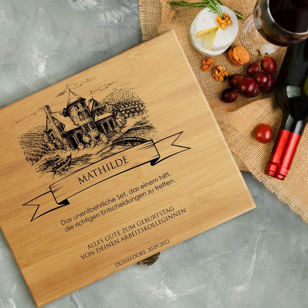 Maverton Weinöffner-Set personalisiert Weinset Sommelier Set - Geschenkbox Holzbox + 8er Weinzubehör