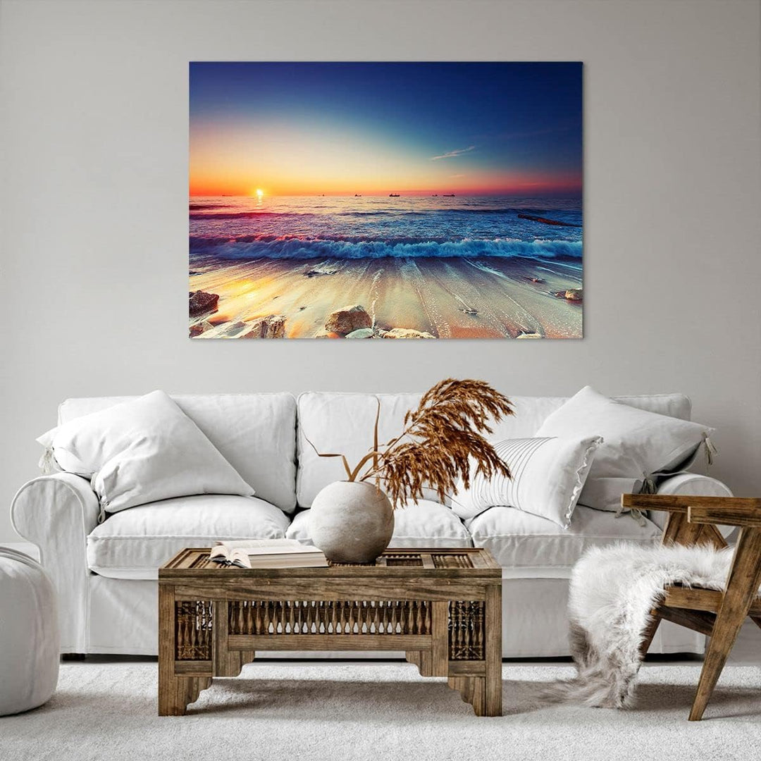 Bilder auf Leinwand 100x70cm Leinwandbild mit Rahmen Meer Strand Welle Gross Wanddeko Bild Schlafzim