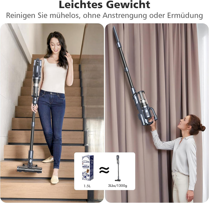MIUZZY 30000Pa Akku-Staubsauger, Staubsauger Kabellos mit 50 Min. Laufzeit, Freistehend, Anti-verhed
