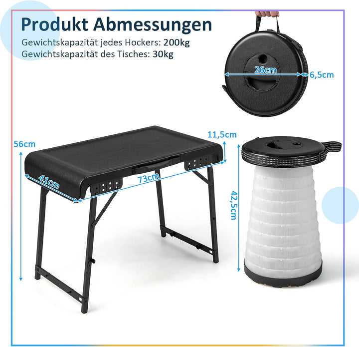 COSTWAY Tragbarer Klapptisch mit 2 LED Teleskophockern, Campingtisch und höhenverstellbarer Hocker,
