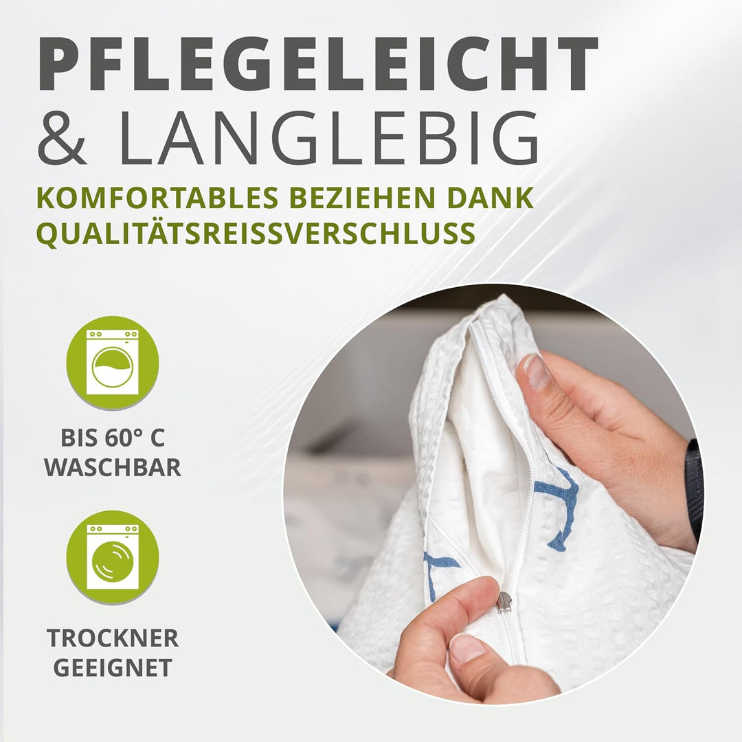 Traumschlaf Seersucker Sommer Wende-Bettwäsche Anker - Bügelfrei - maritim Set 240x220 cm + 2X 80x80