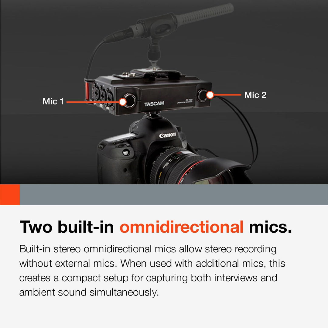 TASCAM Tragbarer 4-Kanal-Audio-Recorder für Videofilmer, 4 Kombi-XLR/TRS-Eingänge, 2 interne Mikrofo