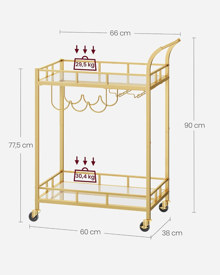 VASAGLE Servierwagen, Rollwagen, Gläserhalter, 2 verspiegelte Glasablagen, Barwagen, Weinwagen, für