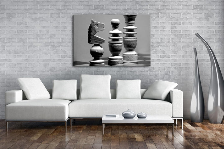 deyoli Schachfiguren auf einem Schachbrett Effekt: Schwarz/Weiss im Format: 100x70 als Leinwandbild,
