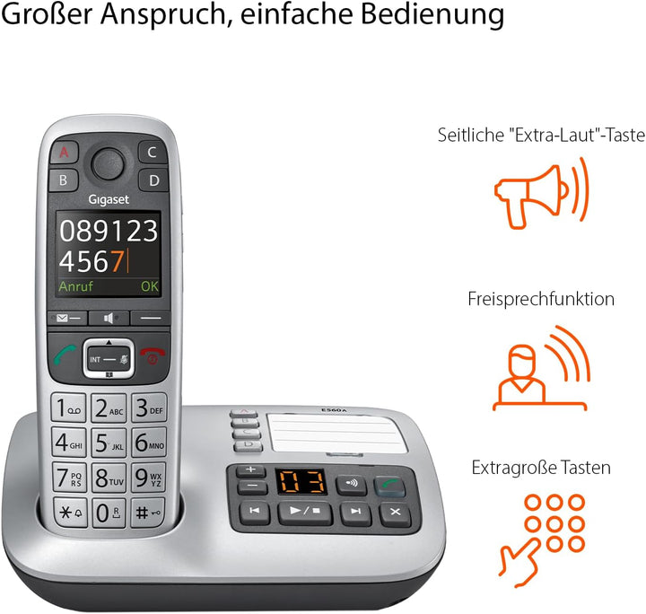 Gigaset E560A - Schnurloses Senioren DECT-Telefon - Mobilteil mit Anrufbeantworter - Farb-Display -