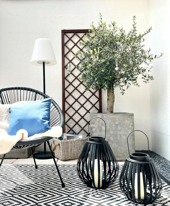 Brandsseller Windlicht 34 x 36 cm Metall mit Henkel Gitter Design Schwarz Kerzenständer Laterne Indo