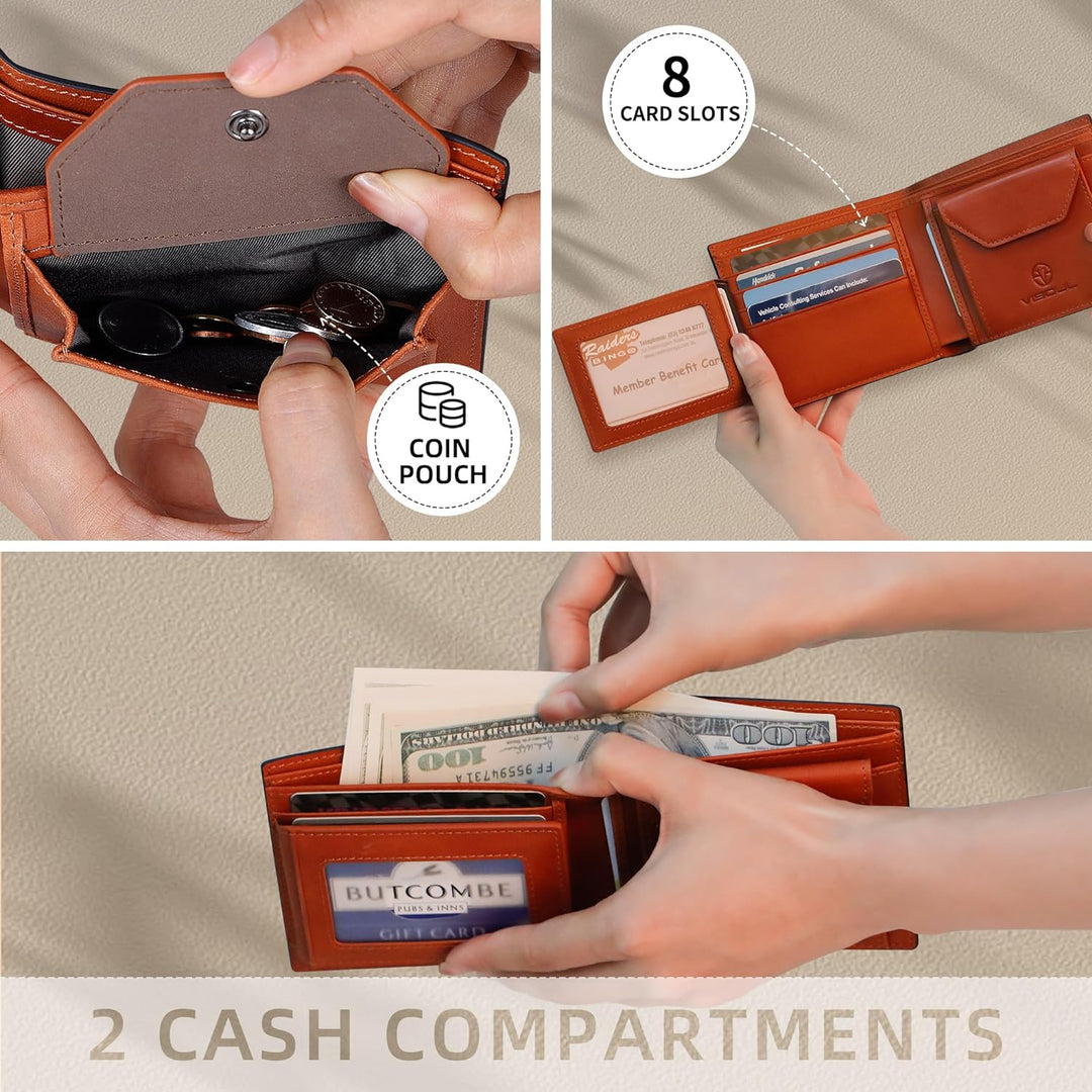 VISOUL Leder Geldbörse Herren mit ID-Fenster/Münzfach & RFID Schutz I Echtleder Geldbeutel für Männe