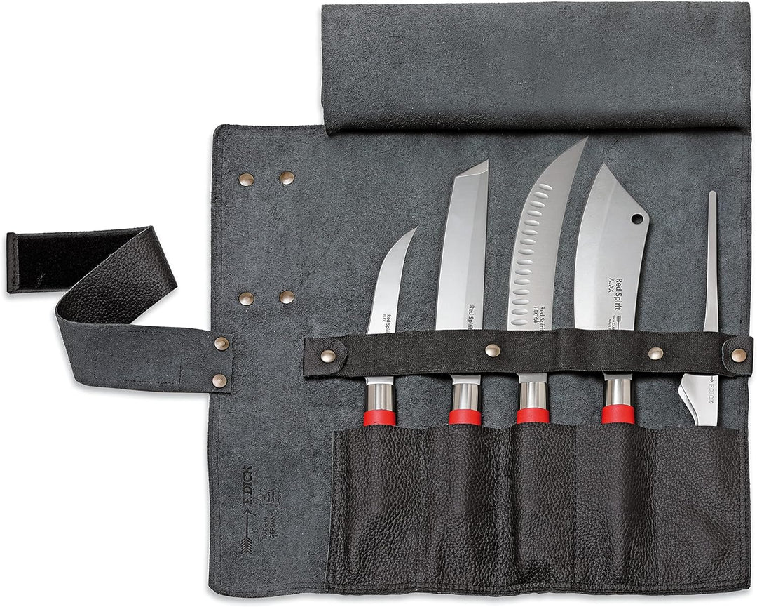 F.DICK Leder-Rolltasche Red Spirit (5-teilig, schwarz, Inhalt: Ausbeinmesser, Tanto, Zerlegemesser,