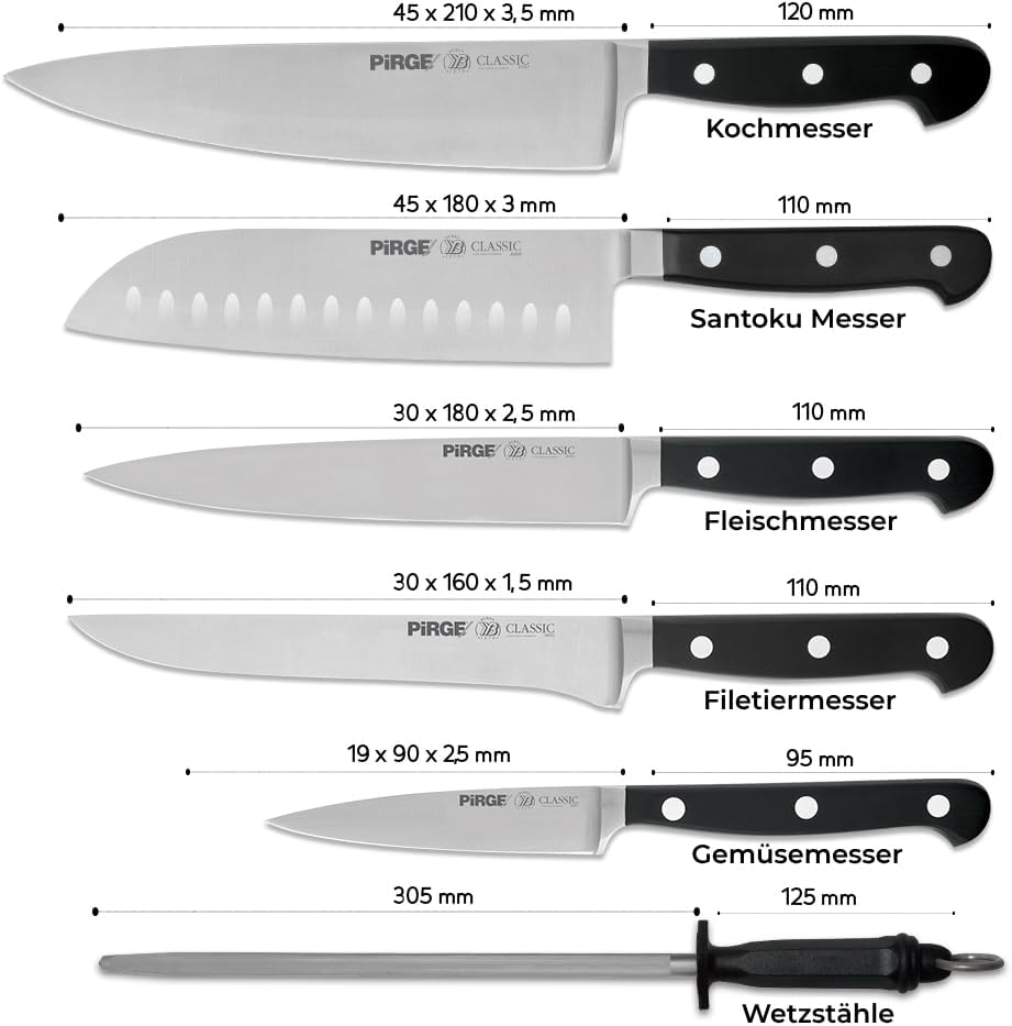 Pirge Classic Profi Messerset mit Tasche 7 Stück - Geschmiedet Messerset - Profi Kochmesser Set - Ed
